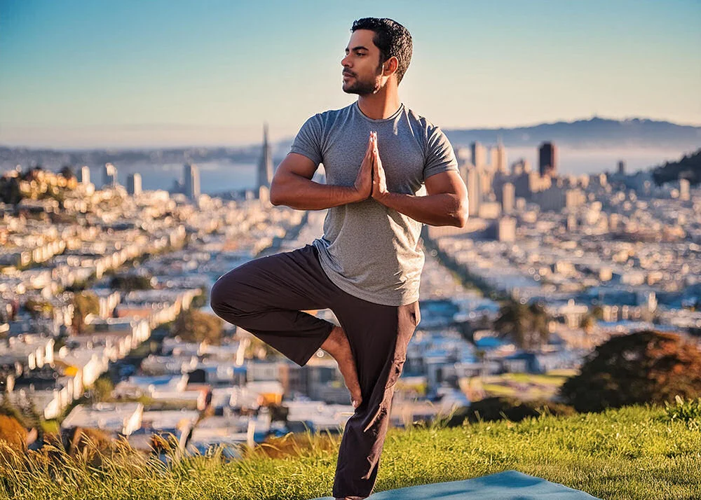 man doing yoga pose outdoors