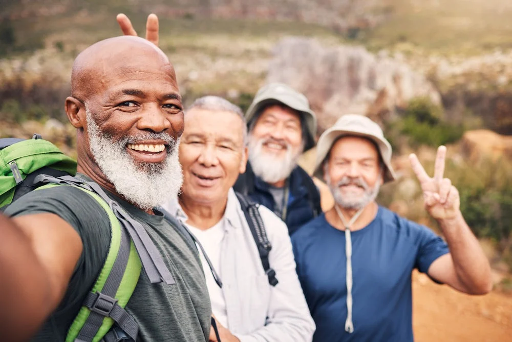group of men on a hike together