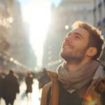man outside looking up toward the sky
