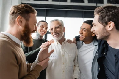 group of men smiling in aa meeting