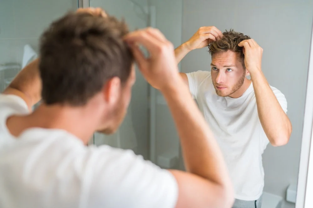 meth-use-and-hair-loss a-man-experiencing-hair-loss-looking-in-the-mirror