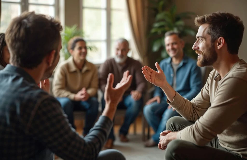 Group therapy session at a recovery center helping people overcome Xanax dependence.