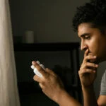man looking at a prescription bottle of Wellbutrin, wondering about the potential risk of mixing it with alcohol.