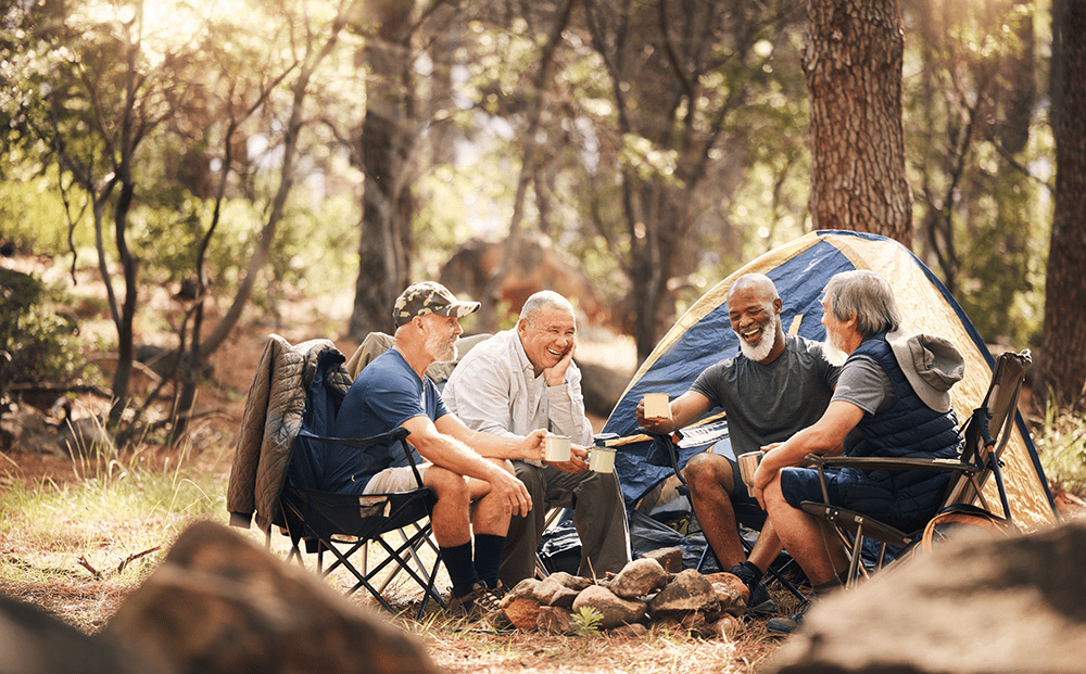 Brotherhood and connection in men’s recovery, with men bonding in nature at Spero Recovery.
