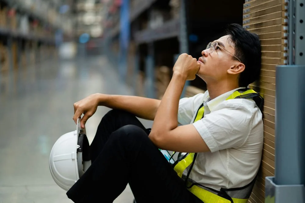 Blue-collar worker resting after a physically demanding shift while struggling with stress and addiction
