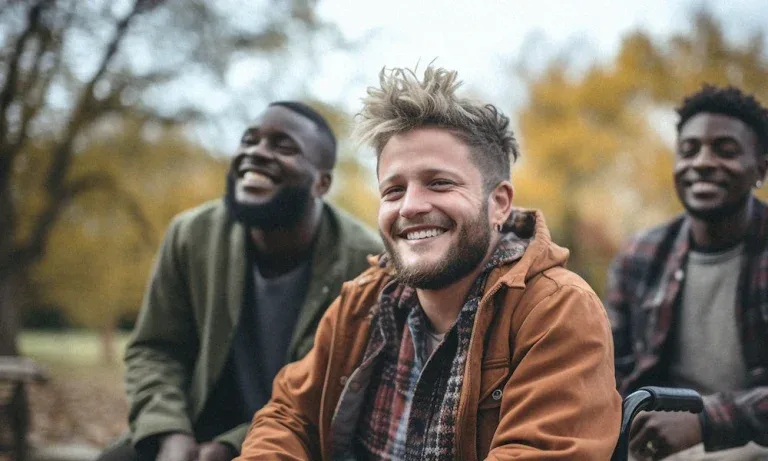 group of guys smiling, feeling accomplished after addiction and anxiety care