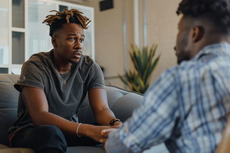 man showing signs of bipolar disorder and addiction receiving support from a loved one.